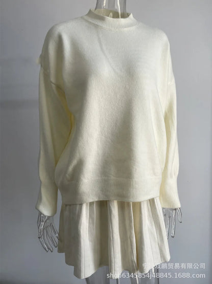 Autumn Solid Color O-neck Sweater Dress Sets Women's Clothing 2024 New Long Sleeves Fishion Style Loose Knitted Short Skirt Set
