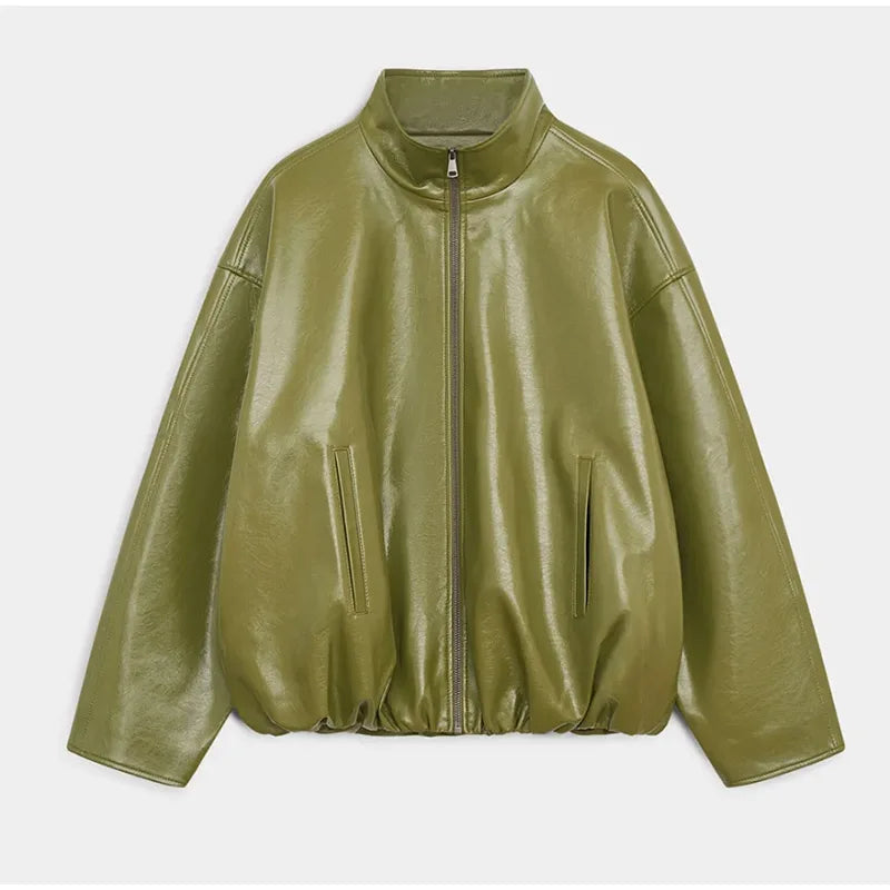 Leather Fashion Jacket Skirt Sets Women Zipper Loose Street Stand Collar Coats Straight Midi Skirts Suits 2025 Autumn Party Chic