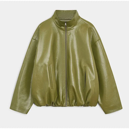 Leather Fashion Jacket Skirt Sets Women Zipper Loose Street Stand Collar Coats Straight Midi Skirts Suits 2025 Autumn Party Chic