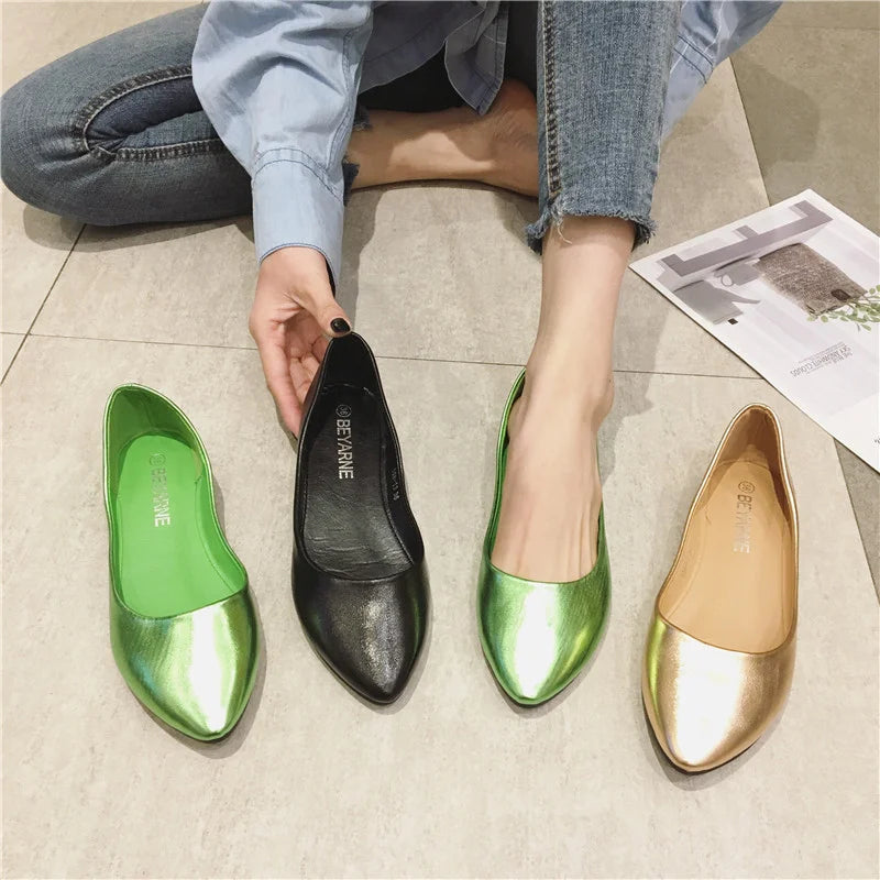 New Women's Shoes Bright Surface Soft Leather Comfortable Flat Shoes Pointed Solid Color Shallow Mouth Single Shoe Zapatos Mujer