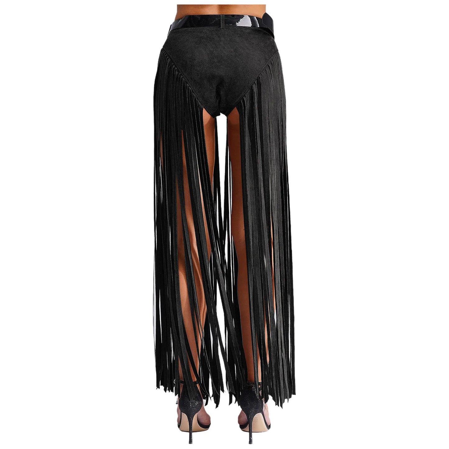 Womens Hippy Cosplay Costume High Waist Suede Underwear with Long Tassels And Belt Halloween Dress Up 70s Disco Costume