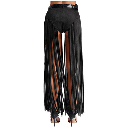 Womens Hippy Cosplay Costume High Waist Suede Underwear with Long Tassels And Belt Halloween Dress Up 70s Disco Costume