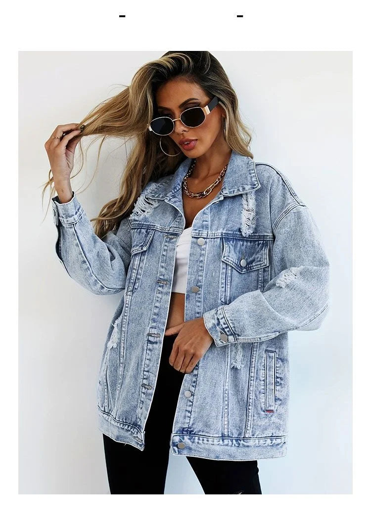 Women's distressed denim jacket in light blue with a loose fit and stylish rips for a trendy look