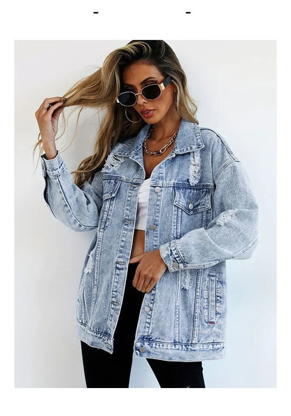 Women's distressed denim jacket in light blue with a loose fit and stylish rips for a trendy look