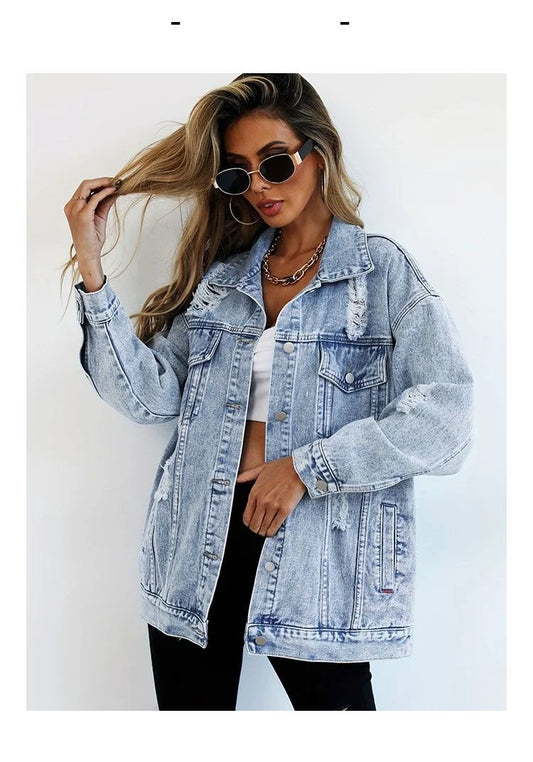 Women's distressed denim jacket in light blue with a loose fit and stylish rips for a trendy look