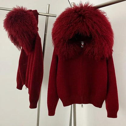 Coat Women Cardigan Natural Fox Fur Coat Women Real Mongolian Fur Knitwear Female Spring Autumn Hooded Knitted Fur Jacket
