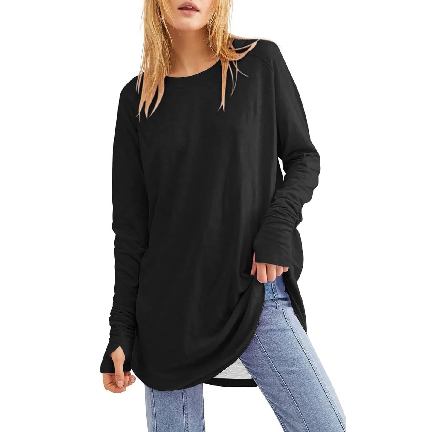 Women's Solid Round Neck Loose Long Sleeve Medium Length Leaky Thumb T-shirt Top