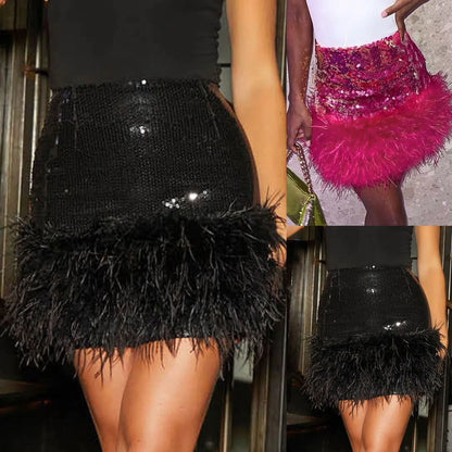 Mini Skirt For Hot Girl Women'S High Waist Sequin Feather Patchwork Wrap Hip Bodycon Mini Skirt Party Club Skirts With Zipper