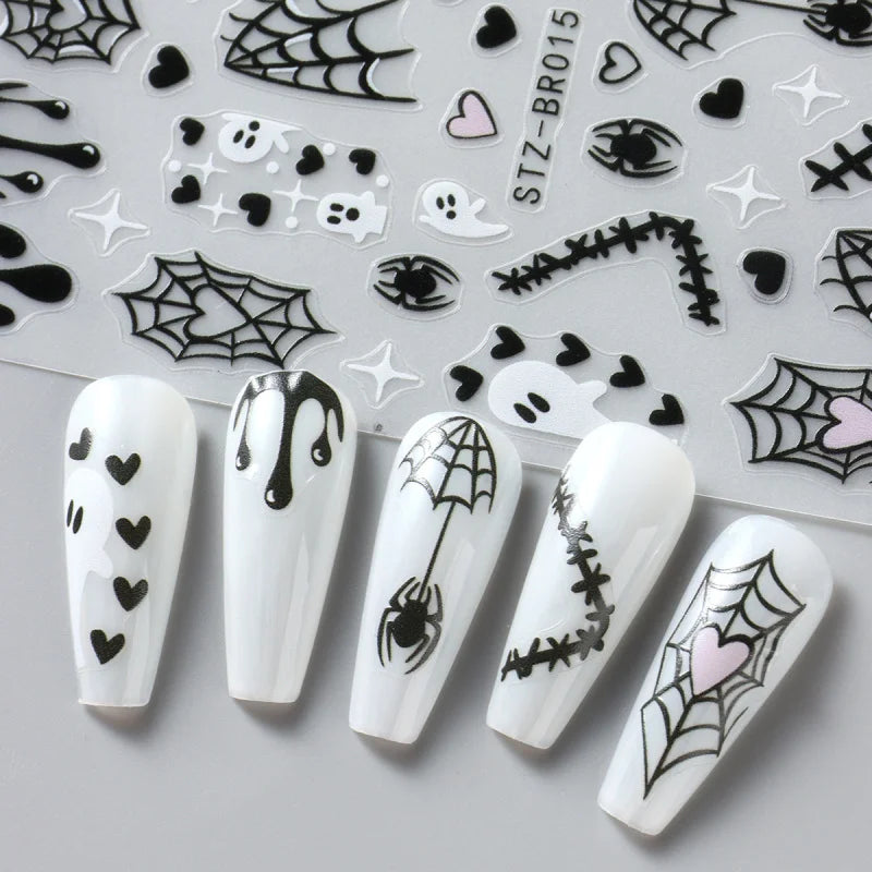 Spooky Halloween Stickers For Nails Cartoon Ghost Spider Web Heart Designs Spider Bat Adhesive Decals Holiday Manicure Supplies
