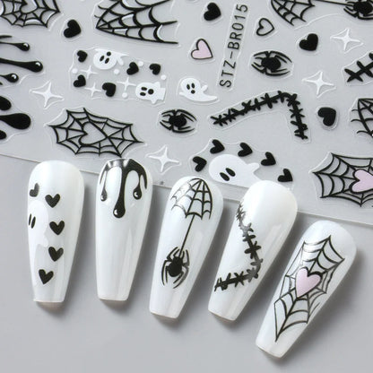 Spooky Halloween Stickers For Nails Cartoon Ghost Spider Web Heart Designs Spider Bat Adhesive Decals Holiday Manicure Supplies