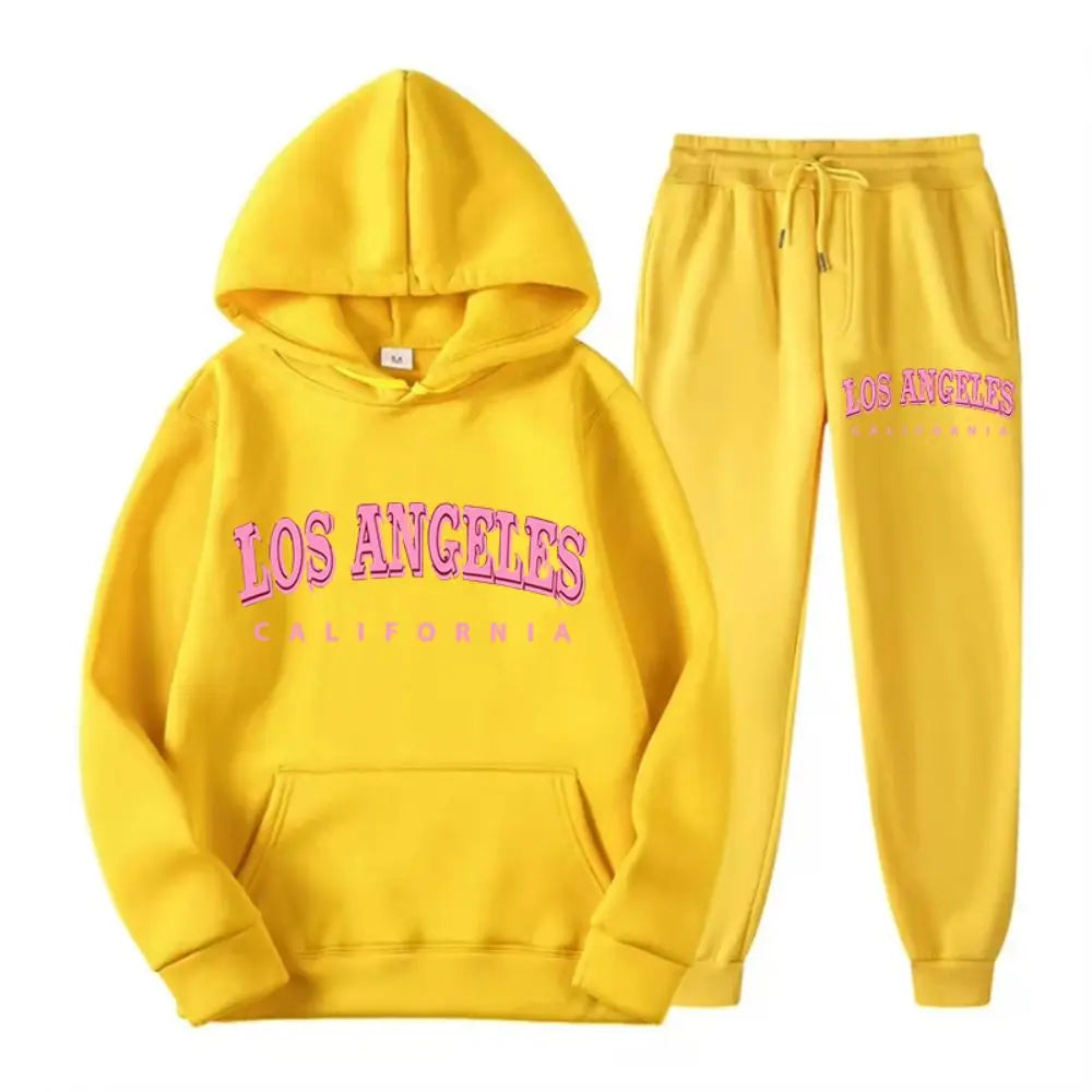 Two Piece Set Street Womens Hoodie & Pants Fleece Pocket Loose Pullover Los Angeles California Print Clothes Fashion Sportswear
