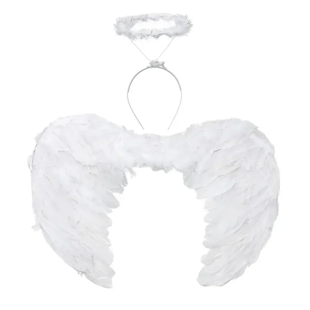EtherealBe angel wings halo costume set featuring fluffy white wings and a matching halo headpiece