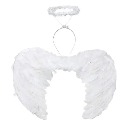 EtherealBe angel wings halo costume set featuring fluffy white wings and a matching halo headpiece