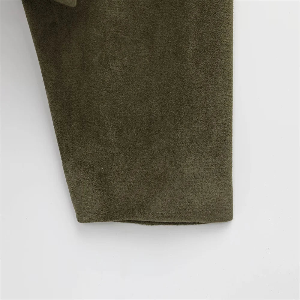 2025 Women Faux Suede Collared Jacket with Shoulder Straps Loose Fit Stylish Olive Green for Sale on