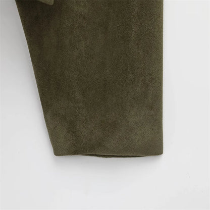 2025 Women Faux Suede Collared Jacket with Shoulder Straps Loose Fit Stylish Olive Green for Sale on