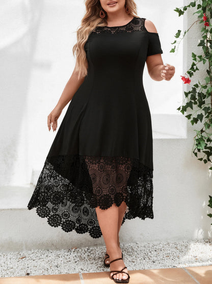 Plus Size Women' Solid Elegant Lace Spliced Cold Shoulder Midi Dress Summer Ladies Banquet Party Cocktail Sundress Size 0XL-5XL