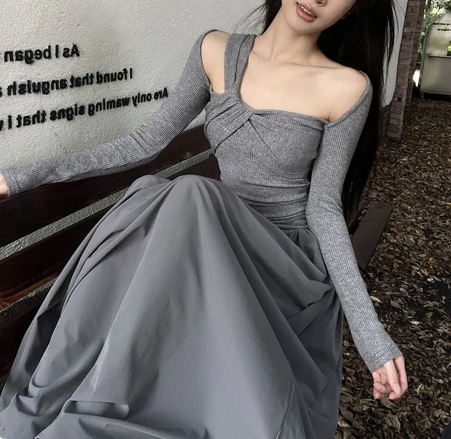 Autumn Skew Collar Halter Aura Dresses Solid Color Female Clothing Folds Stylish Irregular Basic Long Sleeve Spliced Long Dress