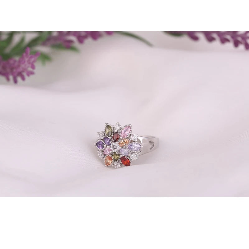 Ring Fashion 925 Sterling Silver Color Jewelry Colourful Cubic Zirconia Flower Design Cute Style Women Girls Party Engagement