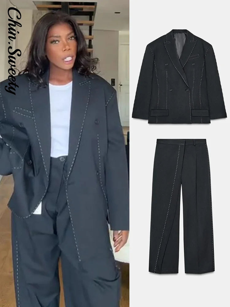 Casual Loose Women's Blazer Pant Suits Lapel Doube-Breasted Top Straight Pants Lady Set 2025 Autumn New 2 Pieces Set Women