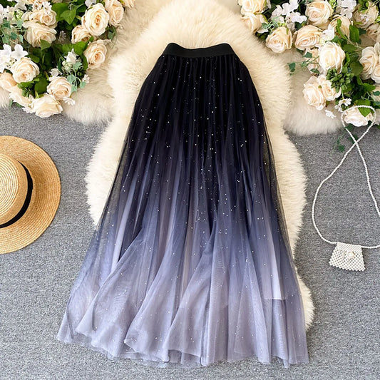 Skirts for Women Short Women's Fairy Tulle SKIRT Starry Sky Gradient Color Mesh Skirt High Waist A Line Pleated Skirt Plaid