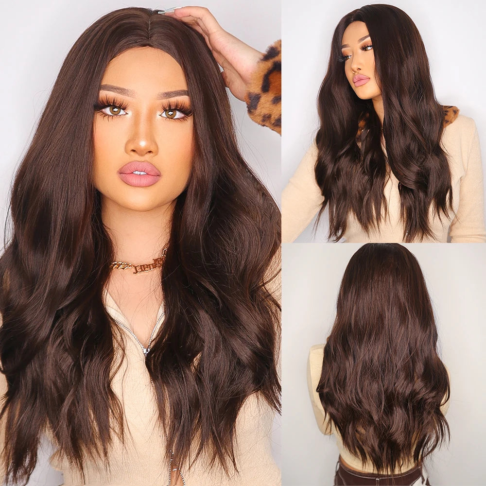 Element Medium Length Synthetic Straight Natural Brown Wigs with Side Bangs Heat Resistant Party Wigs for White/Black Women