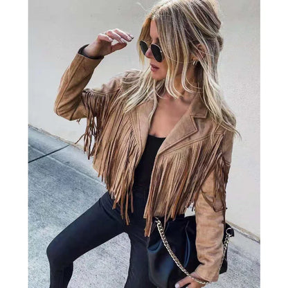 EtherealBe fringe suede jacket with tassels for women, featuring a stylish design and trendy fringe details