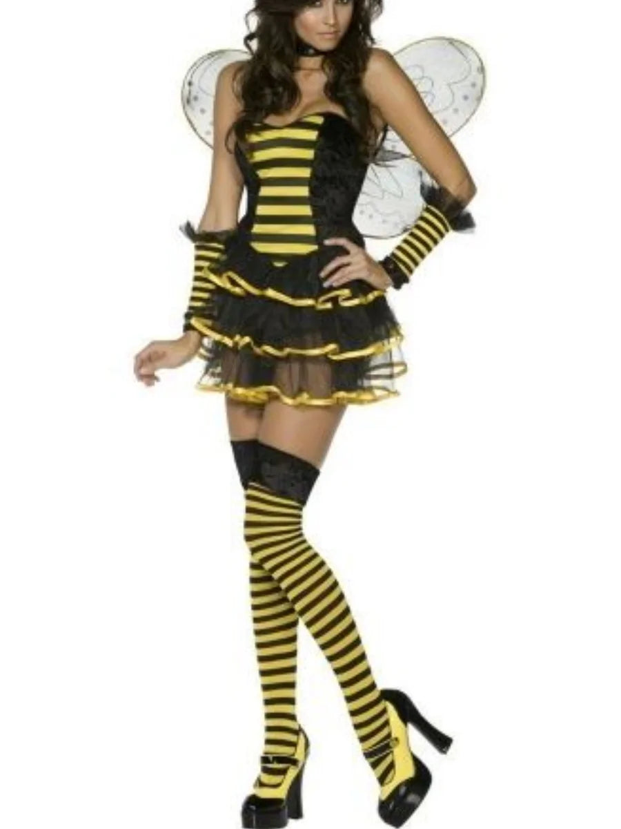 Women Halloween Bee Costume Set Sleeveless Cami Bodysuit with Cute Headband and Mesh Wing