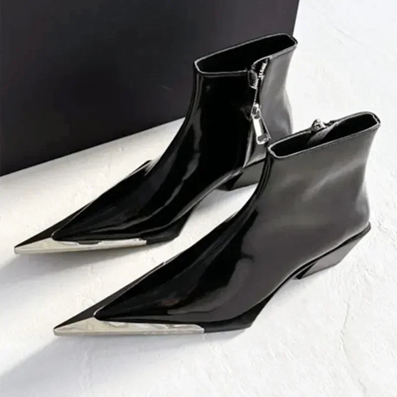 Luxury Designer Pointed Toe Chelsea Boots Women 2025 Fall Chunky Heel Metal Toe Decoration High Heels Side Zip Black Ankle Boots