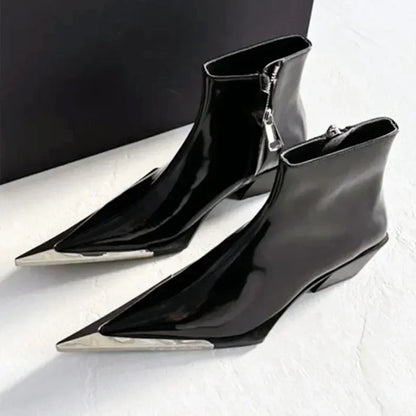 Luxury Designer Pointed Toe Chelsea Boots Women 2025 Fall Chunky Heel Metal Toe Decoration High Heels Side Zip Black Ankle Boots