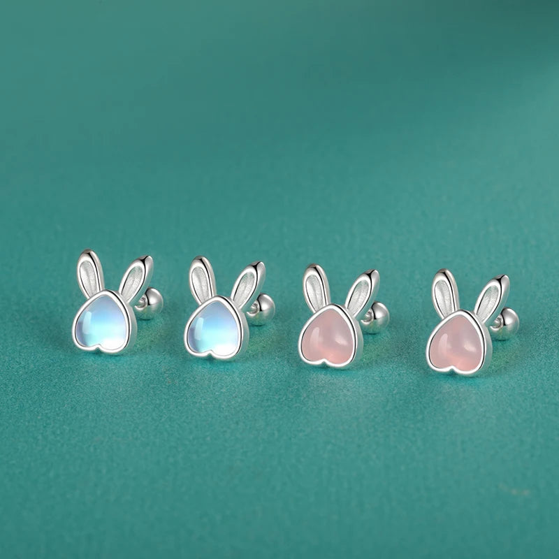 TrustDavis Real S999 Sterling Silver Kids Animal Rabbit Moonstone Screw Stud Earrings For Daughter Girls Fine Jewelry DF2044