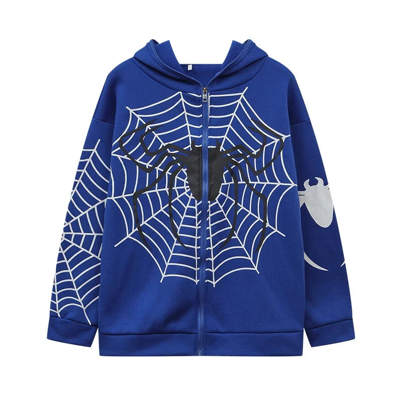 EtherealBe blue hooded spider web zipper hoodie for women with white web and black spider front graphic