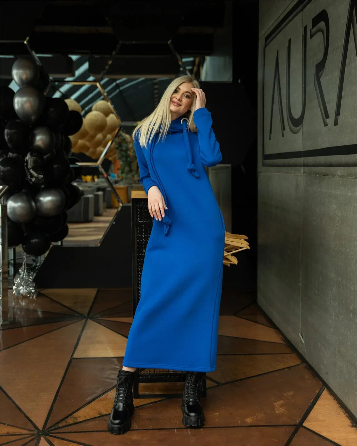 Plus Size Women Fashion Loose Autumn Winter Large Knitted Hooded Long Dress Velvet Hoodie Casual Dress Splicing Warm Dress