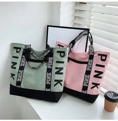 Tote Bag Capacity Canvas Women HandbagWoman Shoulder Bags Colorblock Pink Letter Graphic Tote Handbags Casual Sports Fitness