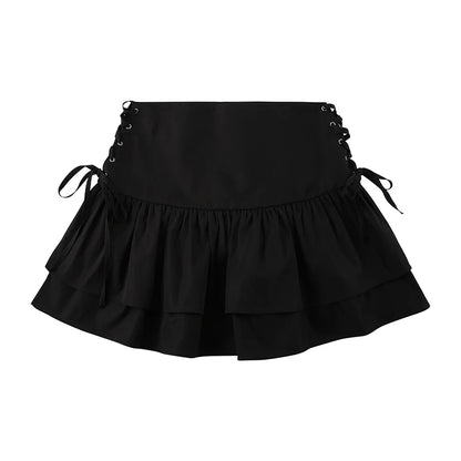 Women s Pleated High Waist Mini Skirt Solid Color Ruffle A-Line Skirt with Criss Cross Tie Up Detail