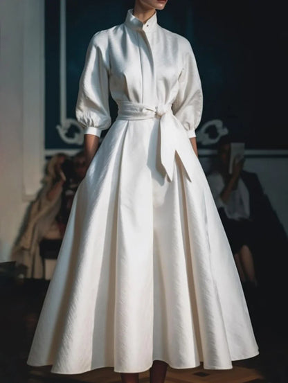 Elegant Women's Solid Color Stand Collar Shirt Dress Casual Mid-Length Waisted Evening Party Dress for Women 2024