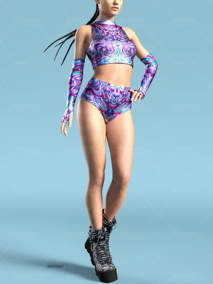 Adult Sleeveless Multicolor Role Play Bodysuit Swimsuit Women Sexy Hollow Off Shoulder Graffiti Art Bodycon Performance Costume