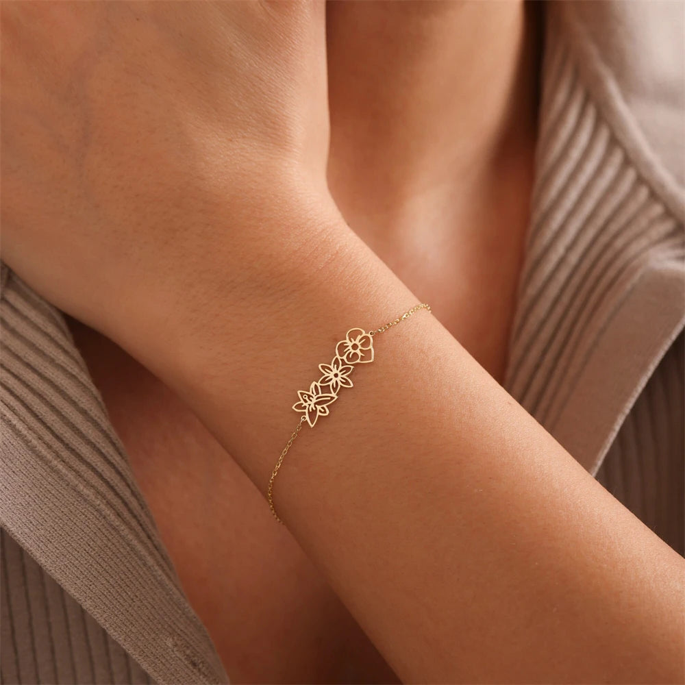 Combined Birth Flower Bracelets Women Custom Jewelry Multiple Birthflower Pulseras Stainless Steel Personalized Christmas Gift