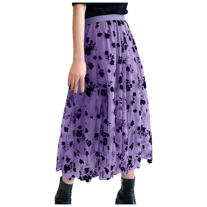 Women Vintage Fashion Floral Printed Flowy A Line Skirt Casual Boho Slim Fit Long Skirt Elegant Chic Summer Mesh Chiffon Skirts