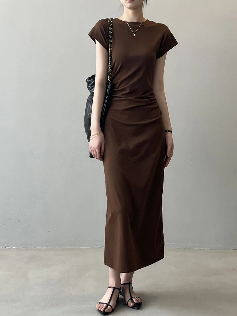 Slim Fit T-irt Dr Women's Spring Summer ort Sve Pleated Waist Cinching A-Line Midi Dr Small Stature 50