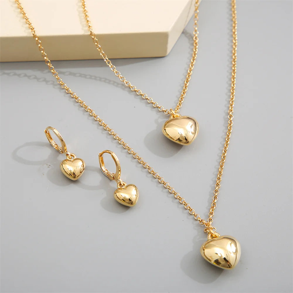 Exquisite Heart Earrings Necklace Women's Bracelet Fashion Simple Romantic Pendant Gold Color Jewelry Set 2023 New Trendy Gifts