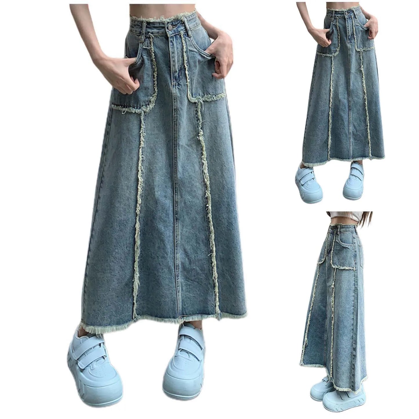 Retro High Waist Denim Skirt For Women Streetwear Y2k Korean Style Skirt Splicing Raw Edge Jeans With Pockets Large Size Skirt