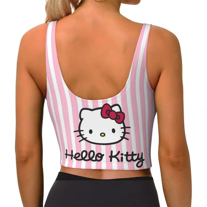 Back view of a pink striped hello kitty sports bra for women with a cute Hello Kitty graphic