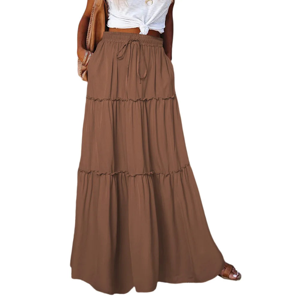 Women's Spring  Autumn New Long Skirt Solid Color Fashionable Mushroom Layered Skirt High Waist Elastic Ruffle Skirt