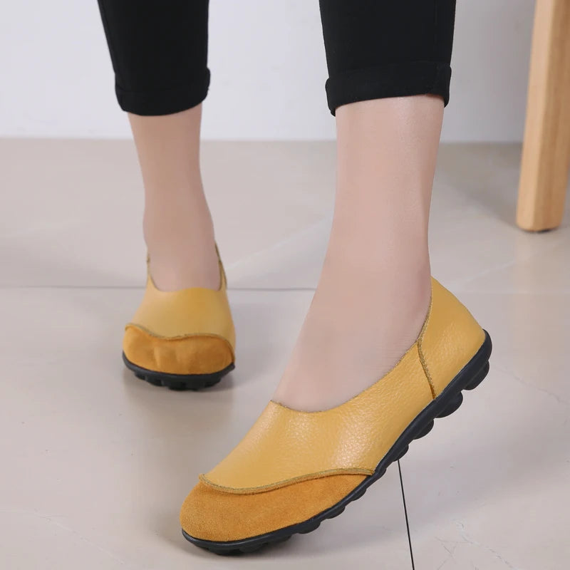 Women's shoes casual flat walking low heel loafers leather solid color large size casual single shoe work shoes44