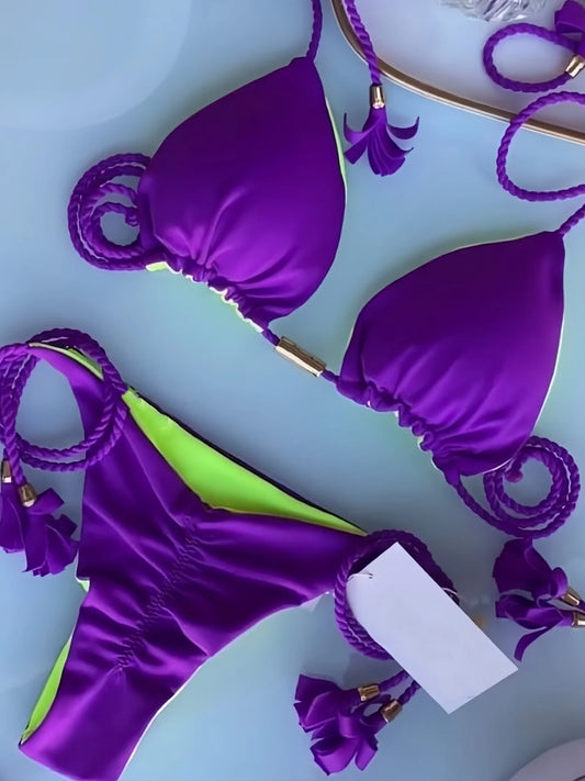 Sexy Solid color Two-piece Triangle Swimwear Women's Swimsuit Braiding rope Bikinis Set Beach Bathing Suit Brazilian Biquinis