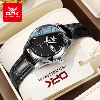 OPK 6022 Women's Watches Elegant Fashion Small Quartz Wristwatch for Ladies Waterproof  Leather Strap Dual Calendar Display