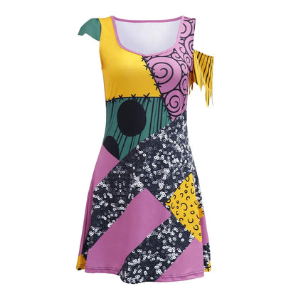 Colorful Nightmare Before Christmas Sally cosplay costume with patchwork design and unique patterns