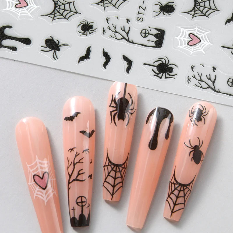 Spooky Halloween Stickers For Nails Cartoon Ghost Spider Web Heart Designs Spider Bat Adhesive Decals Holiday Manicure Supplies