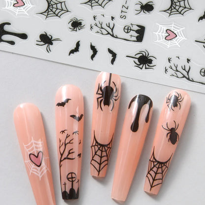 Spooky Halloween Stickers For Nails Cartoon Ghost Spider Web Heart Designs Spider Bat Adhesive Decals Holiday Manicure Supplies