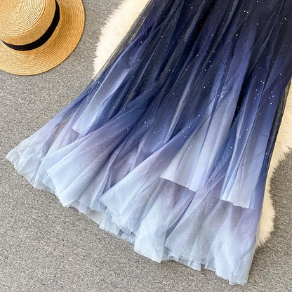 Women'S Fairy Tulle Skirt Starry Sky Gradient Color Mesh Skirt High Waist A Line Pleated Skirt Sequin Skirt Vestidos Para Mujer